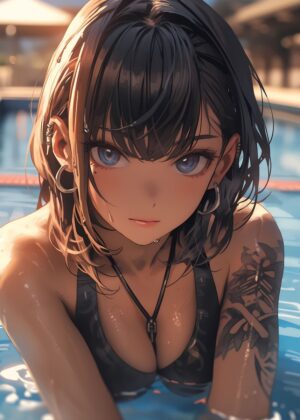 Sun-Kissed Siren: A Tempting Anime Art Print - Premium Wooden Framed Poster. Ready to Hang.