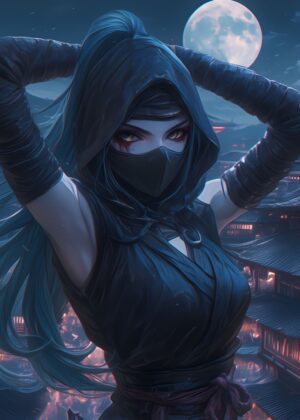 Shadowed Assassin: Nightfall Beauty - Premium Wooden Framed Poster. Ready to Hang.