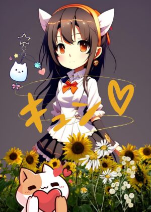 Anime Girl in Sunflower Field: A Touching Love Story - Premium Wooden Framed Poster. Ready to Hang.