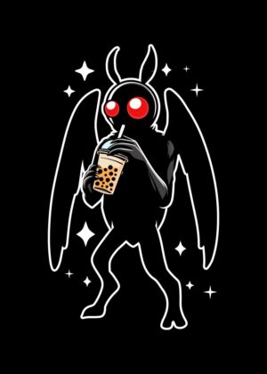 Mothman Bubble Tea Kawaii Art Print - Premium Wooden Framed Poster. Ready to Hang.