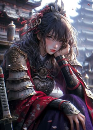 Samurai Warrior Girl: Anime Art Print - Premium Wooden Framed Poster. Ready to Hang.