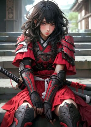 Cute Samurai Girl Assassin Art Print - Premium Wooden Framed Poster. Ready to Hang.