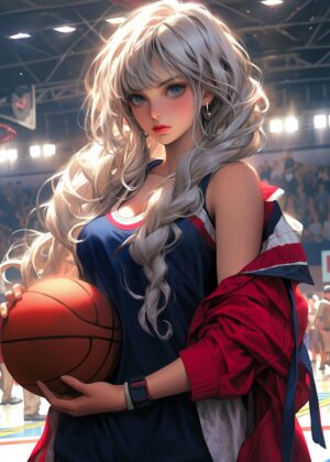 Focused and Fearless: Anime Girl Basketball Artwork - Premium Wooden Framed Poster. Ready to Hang.