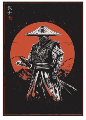 Samurai Warrior Red Sun Artwork - Premium Wooden Framed Poster. Ready to Hang.