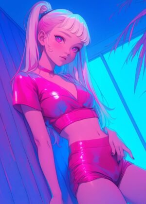 Midnight Anime Girl: Neon Dreams - Premium Wooden Framed Poster. Ready to Hang.