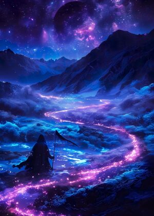 The Walk of the Grim Reaper: A Journey Through the Celestial Mountains - Premium Wooden Framed Poster. Ready to Hang.