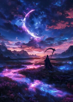 Neon River Grim Reaper: A Fantasy Artwork - Premium Wooden Framed Poster. Ready to Hang.