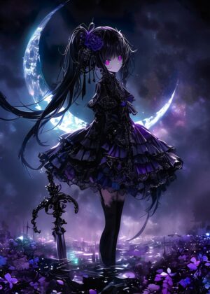 Dark Anime Girl: Mystical Night - Premium Wooden Framed Poster. Ready to Hang.