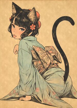 Vintage Cat Girl Woodblock Print: A Whimsical Fusion of Tradition and Fantasy - Premium Wooden Framed Poster. Ready to Hang.