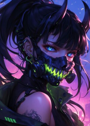 Neon Oni Girl: Cyberpunk Anime Art Print - Premium Wooden Framed Poster. Ready to Hang.