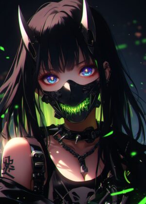 Neon Oni Girl: Cyberpunk Anime Art Print - Premium Wooden Framed Poster. Ready to Hang.