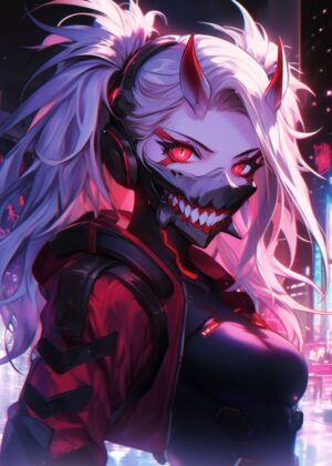 Neon Oni Girl: Cyberpunk Anime Art Print - Premium Wooden Framed Poster. Ready to Hang.