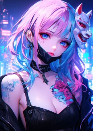 Cyberpunk Anime Oni Girl Art Print - Premium Wooden Framed Poster. Ready to Hang.