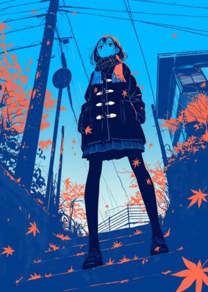 Autumn Ascent: A Stylish Anime Illustration - Premium Wooden Framed Poster. Ready to Hang.