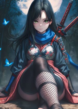 Moonlit Ninja Serenity: Anime Art Print - Premium Wooden Framed Poster. Ready to Hang.