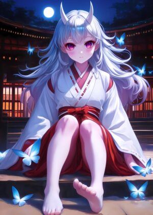 Oni Girl Under Moonlight: Anime Art Print - Premium Wooden Framed Poster. Ready to Hang.