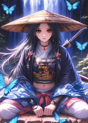 Samurai Guardian by the Waterfall - Premium Wooden Framed Poster. Ready to Hang.