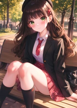 Anime Schoolgirl in a Sunny Park - Premium Wooden Framed Poster. Ready to Hang.