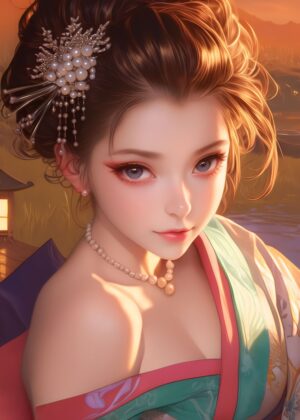 Geisha Sunset: Exquisite Digital Art Print - Premium Wooden Framed Poster. Ready to Hang.
