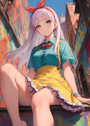 Urban Anime Girl in Yellow Dress - Premium Wooden Framed Poster. Ready to Hang.
