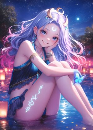 Celestial Moonlit Beauty: Anime Art Print - Premium Wooden Framed Poster. Ready to Hang.