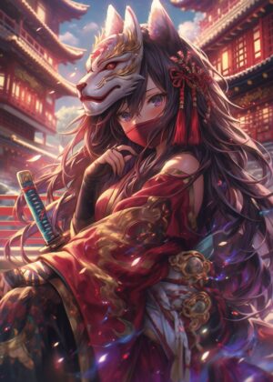 Cute Fantasy Samurai Girl Artwork - Premium Wooden Framed Poster. Ready to Hang.