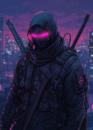 Cyberpunk Ninja: Neon Nights - Premium Wooden Framed Poster. Ready to Hang.