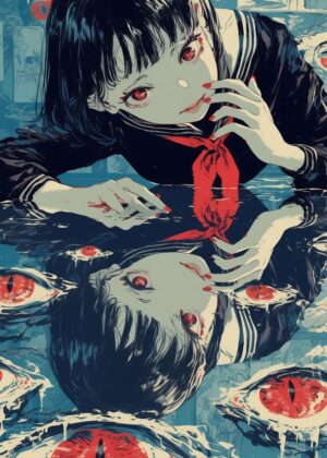 Abnormal Core: A Surreal Anime Girl Reflection - Premium Wooden Framed Poster. Ready to Hang.