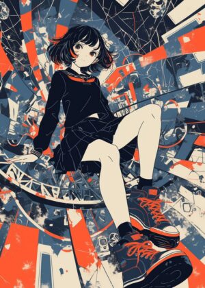 Abnormal Core: Anime Girl in Abstract Urban Chaos - Premium Wooden Framed Poster. Ready to Hang.
