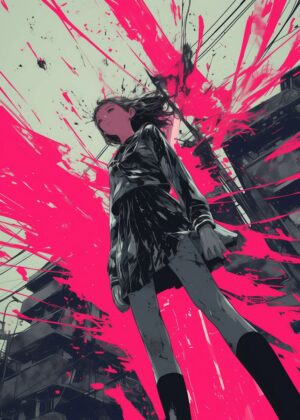 Abnormal Core: Anime Girl in Urban Chaos - Premium Wooden Framed Poster. Ready to Hang.