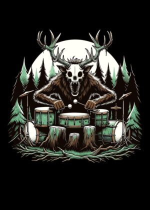 Wendigo Drummer: Dark Fantasy Forest Artwork - Premium Wooden Framed Poster. Ready to Hang.