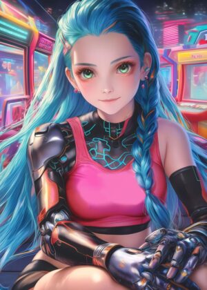 Cyberpunk Girl Arcade: Neon Dreams - Premium Wooden Framed Poster. Ready to Hang.