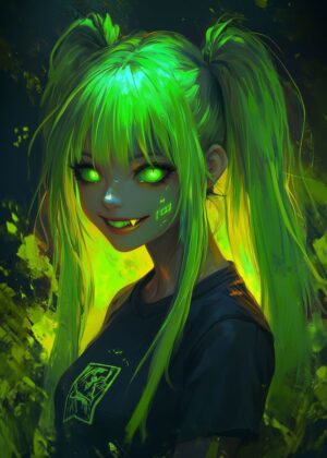 Neon Goth Girl: Digital Art Print - Premium Wooden Framed Poster. Ready to Hang.