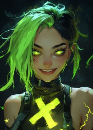 Green Neon Gothic Girl Art Print - Premium Wooden Framed Poster. Ready to Hang.