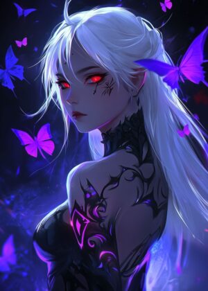 Mysterious Anime Girl with Glowing Tattoo - Premium Wooden Framed Poster. Ready to Hang.