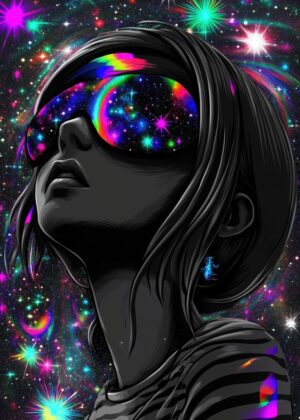 Psychedelic Galaxy Girl: A Cosmic Vision - Premium Wooden Framed Poster. Ready to Hang.
