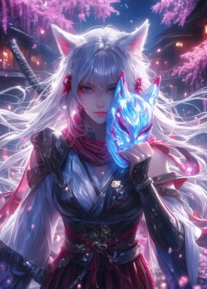 Fox Mask Wisteria Girl: Anime Art Print - Premium Wooden Framed Poster. Ready to Hang.