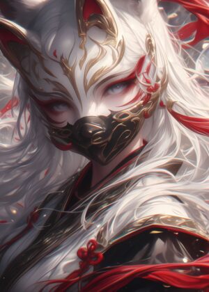 Red Fox Mask Samurai: Elegant Digital Art Print - Premium Wooden Framed Poster. Ready to Hang.