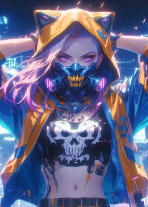 Cyberpunk Skull Hoodie Girl: Neon Dreams Art Print - Premium Wooden Framed Poster. Ready to Hang.