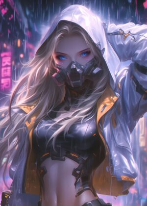 Cyberpunk Hooded Girl: Neon Rain Digital Art Print - Premium Wooden Framed Poster. Ready to Hang.