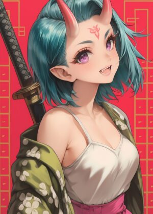 Oni Samurai Girl Sword Art Print - Premium Wooden Framed Poster. Ready to Hang.