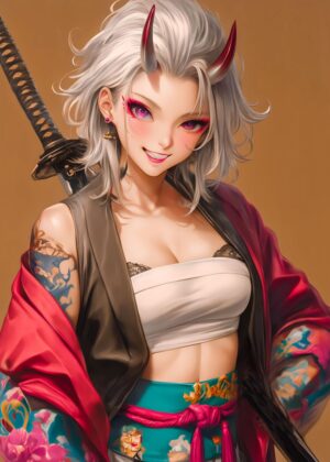 Oni Warrior Girl in Kimono: Digital Art Print - Premium Wooden Framed Poster. Ready to Hang.