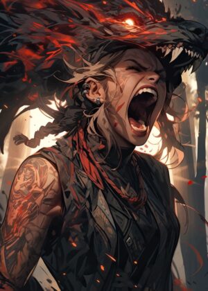 Primal Scream: Fierce Woman with Wolf Headress Artwork - Premium Wooden Framed Poster. Ready to Hang.