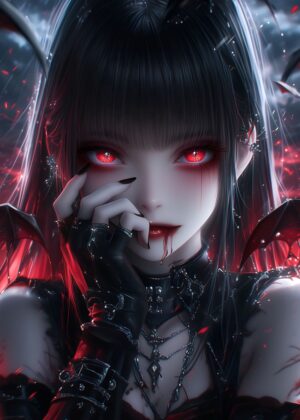 Gothic Emo Girl Art Print: Dark Fantasy Anime Beauty - Premium Wooden Framed Poster. Ready to Hang.
