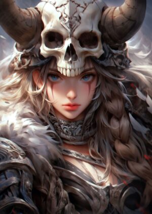 Skull Helm Siren: Fantasy Art Print - Premium Wooden Framed Poster. Ready to Hang.
