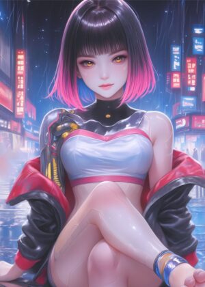 Rainy Cyberpunk Girl Art Print - Premium Wooden Framed Poster. Ready to Hang.