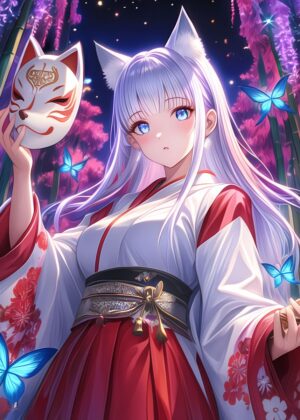Kyubi Fox Girl: Mystical Anime Art Print - Premium Wooden Framed Poster. Ready to Hang.
