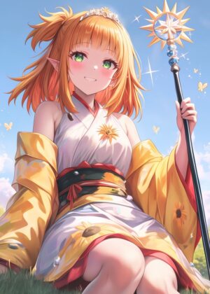 Sunlit Elf Magician Girl: Anime Art Print - Premium Wooden Framed Poster. Ready to Hang.