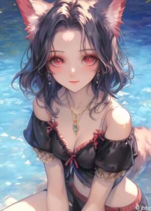 Enchanting Fox-Eared Girl: Anime Art Print - Premium Wooden Framed Poster. Ready to Hang.