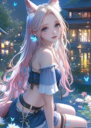 Moonlit Fox Eared Girl: Anime Art Print - Premium Wooden Framed Poster. Ready to Hang.